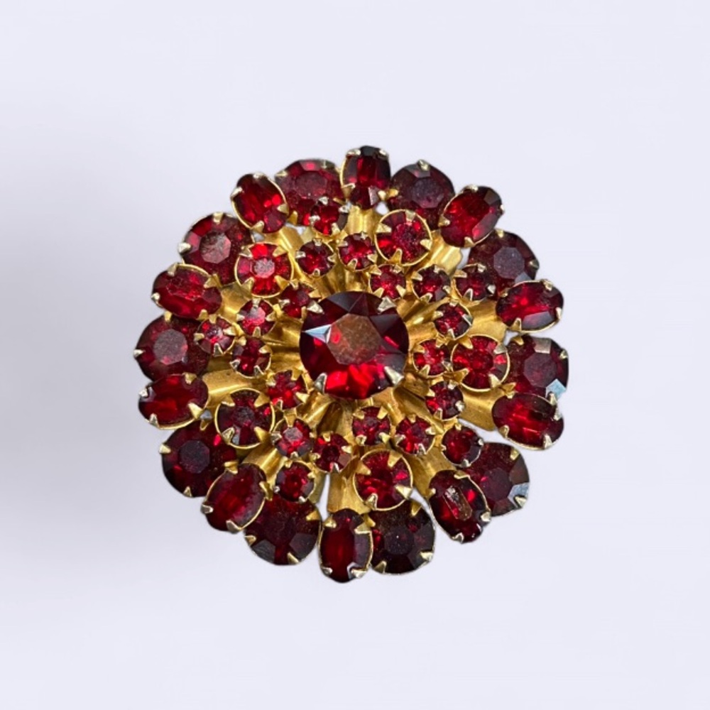 Vintage Aurora Borealis Rhinestone Ruby Red Dome Statement Broach Pin